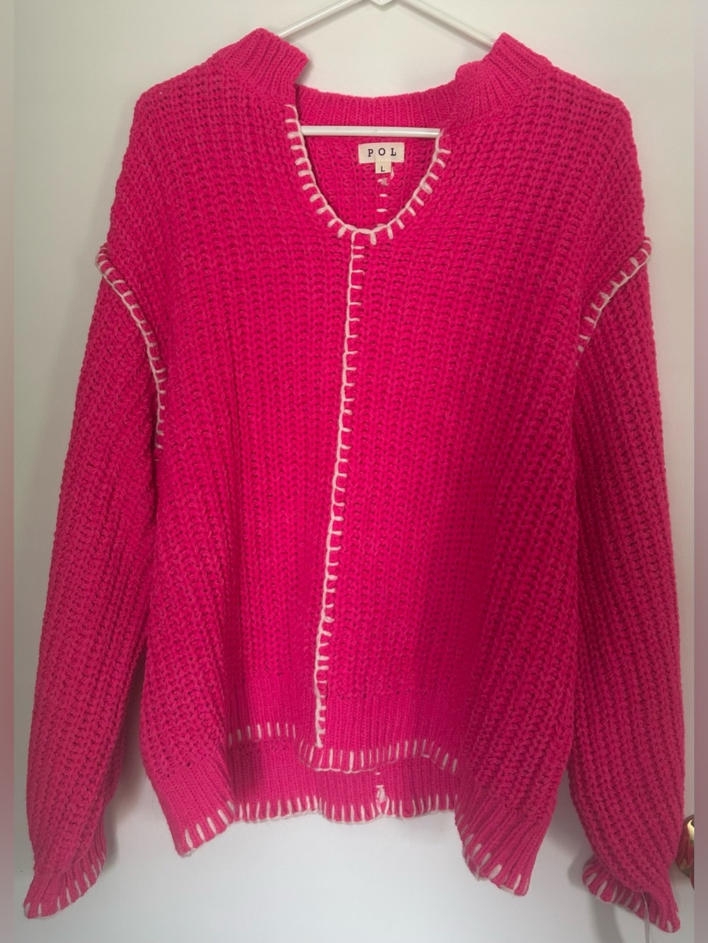 POL Hot Pink Chunky Crewneck Sweater with White Stitching cottage core babydoll